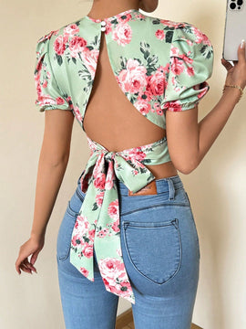 Prive Camisa corta para mujer con estampado floral, mangas abullonadas con lazo en la espalda