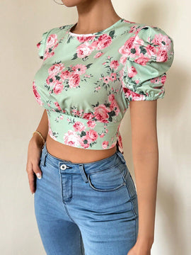 Prive Camisa corta para mujer con estampado floral, mangas abullonadas con lazo en la espalda