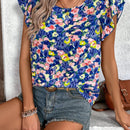 LUNE Camisa informal de vacaciones en la playa con mangas voladoras y cuello redondo para mujeres con estampado floral y detalles de volantes