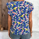 LUNE Camisa informal de vacaciones en la playa con mangas voladoras y cuello redondo para mujeres con estampado floral y detalles de volantes