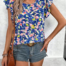 LUNE Camisa informal de vacaciones en la playa con mangas voladoras y cuello redondo para mujeres con estampado floral y detalles de volantes