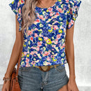LUNE Camisa informal de vacaciones en la playa con mangas voladoras y cuello redondo para mujeres con estampado floral y detalles de volantes