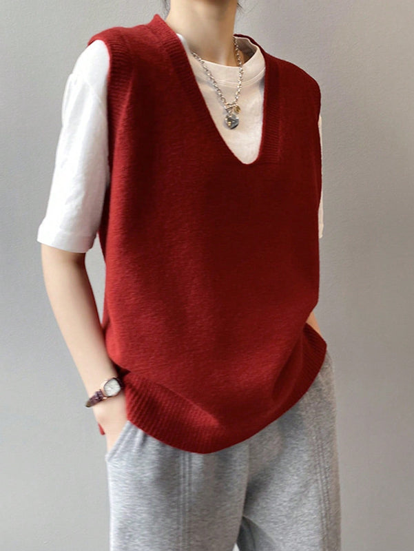 Essnce Chaleco de sueter casual de primavera con cuello en V y unicolor para mujeres
