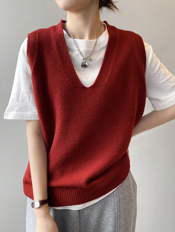 Essnce Chaleco de sueter casual de primavera con cuello en V y unicolor para mujeres