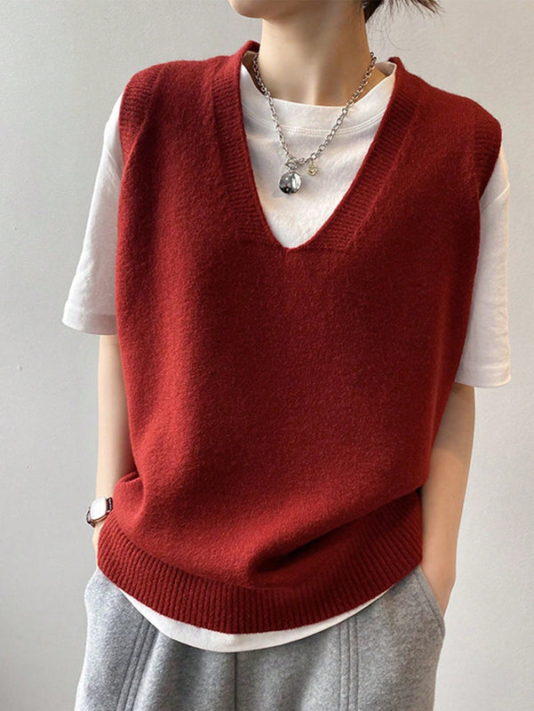 Essnce Chaleco de sueter casual de primavera con cuello en V y unicolor para mujeres