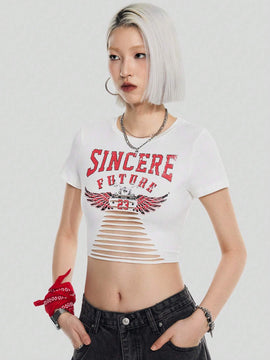 Coolane Camiseta Corta De Punto Para Mujer Con Alas Impresas, Corta