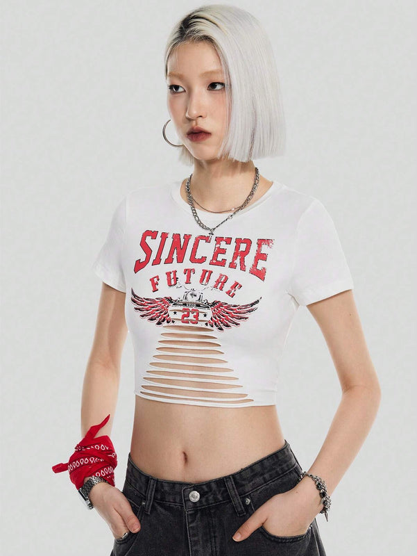 Coolane Camiseta Corta De Punto Para Mujer Con Alas Impresas, Corta