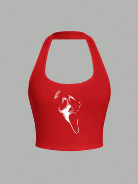 EZwear Top casual de verano sin mangas con cuello halter y diseno impreso de calavera roja