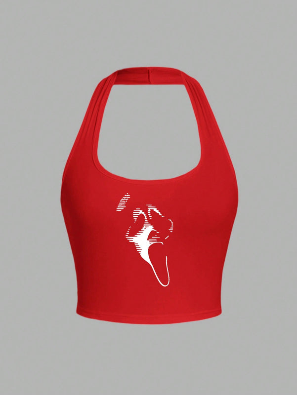 EZwear Top casual de verano sin mangas con cuello halter y diseno impreso de calavera roja