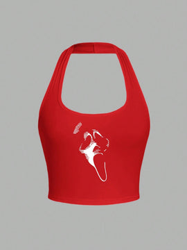 EZwear Top casual de verano sin mangas con cuello halter y diseno impreso de calavera roja