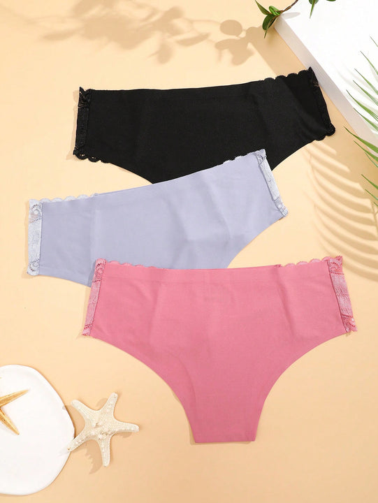 Tangas triangulares sexys, sin costuras, de baja altura, comodas y transpirables para mujeres, paquete de 3 piezas en unicolor con inserciones de encaje