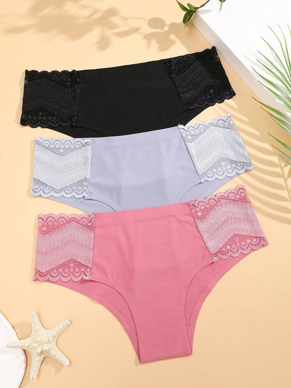Tangas triangulares sexys, sin costuras, de baja altura, comodas y transpirables para mujeres, paquete de 3 piezas en unicolor con inserciones de encaje
