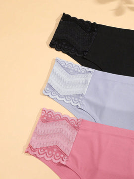 Tangas triangulares sexys, sin costuras, de baja altura, comodas y transpirables para mujeres, paquete de 3 piezas en unicolor con inserciones de encaje