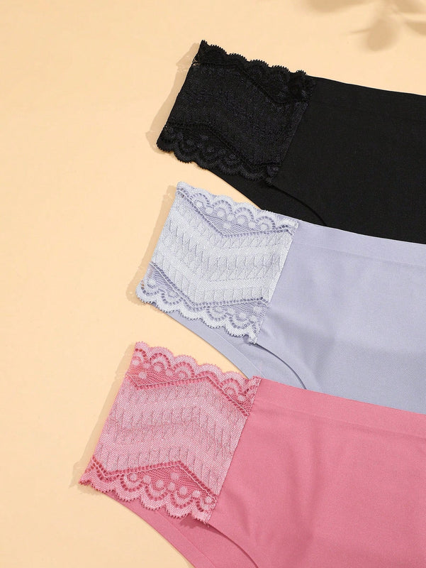 Tangas triangulares sexys, sin costuras, de baja altura, comodas y transpirables para mujeres, paquete de 3 piezas en unicolor con inserciones de encaje