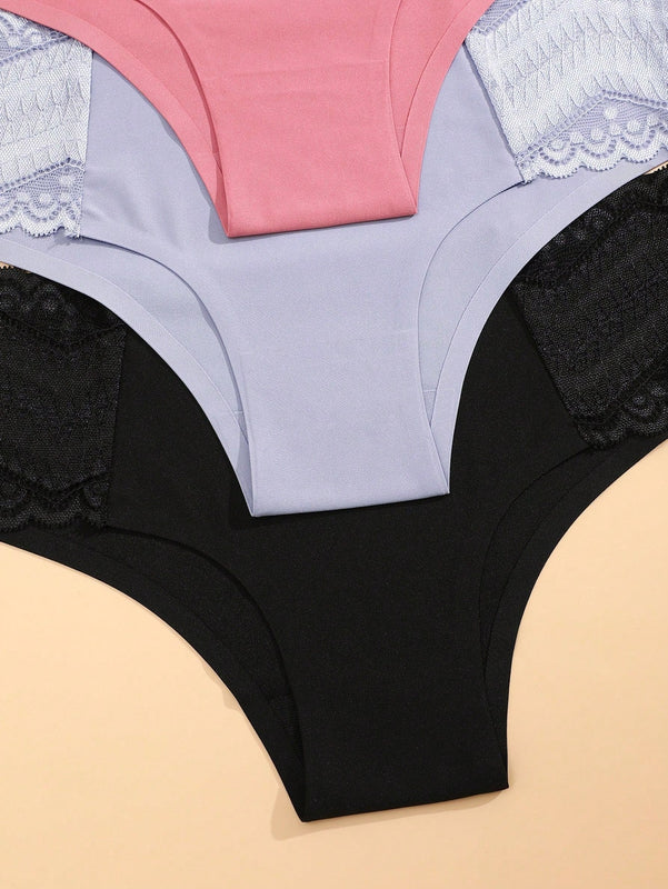 Tangas triangulares sexys, sin costuras, de baja altura, comodas y transpirables para mujeres, paquete de 3 piezas en unicolor con inserciones de encaje