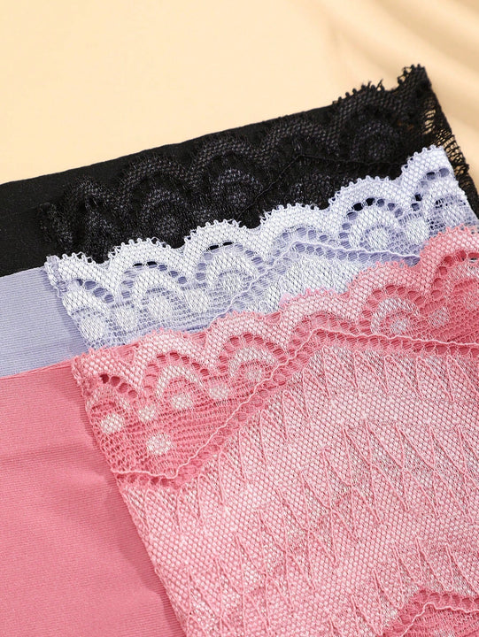 Tangas triangulares sexys, sin costuras, de baja altura, comodas y transpirables para mujeres, paquete de 3 piezas en unicolor con inserciones de encaje