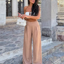 Pantalones anchos de lino solido para mujer