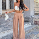 Pantalones anchos de lino solido para mujer