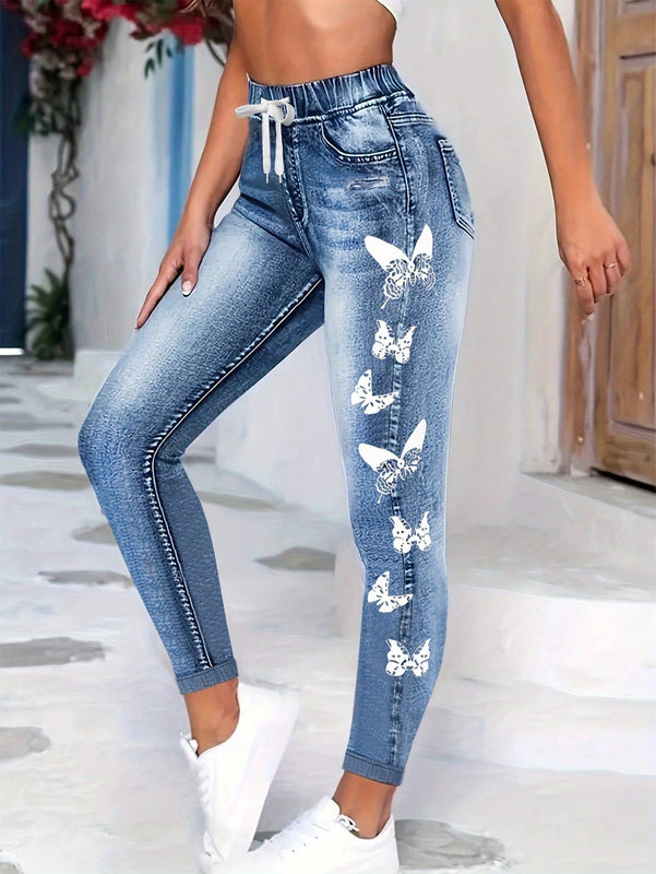 LUNE Jeans ajustados con cintura elastica y diseno de imitacion de denim, versatiles y a la moda para mujeres
