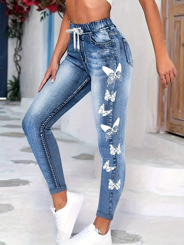 LUNE Jeans ajustados con cintura elastica y diseno de imitacion de denim, versatiles y a la moda para mujeres