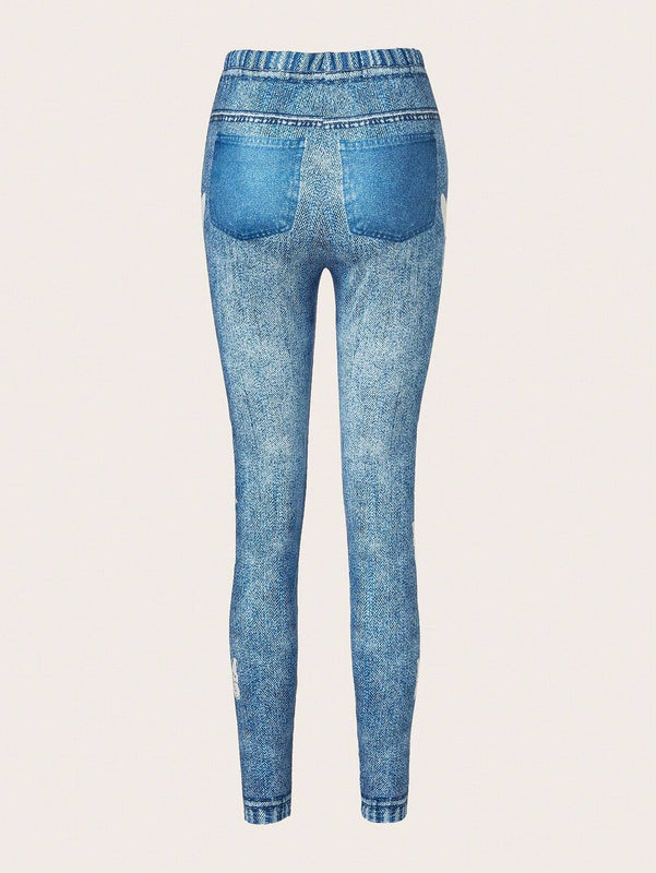 LUNE Jeans ajustados con cintura elastica y diseno de imitacion de denim, versatiles y a la moda para mujeres
