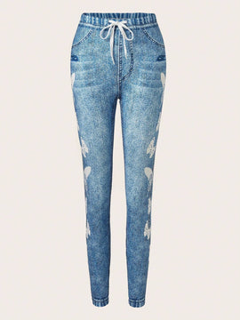 LUNE Jeans ajustados con cintura elastica y diseno de imitacion de denim, versatiles y a la moda para mujeres