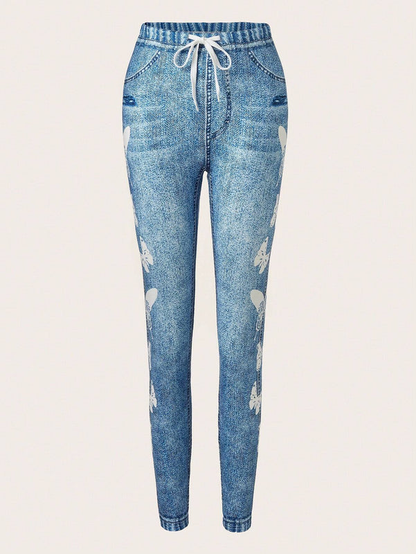 LUNE Jeans ajustados con cintura elastica y diseno de imitacion de denim, versatiles y a la moda para mujeres