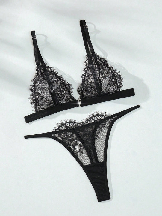 Conjunto de sosten con botones frontales de encaje de moda y sexy para mujeres