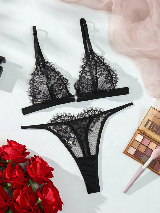 Conjunto de sosten con botones frontales de encaje de moda y sexy para mujeres