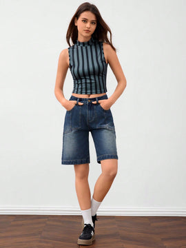 Forever 21 Top sin mangas de punto falso con estampado de rayas tejidas