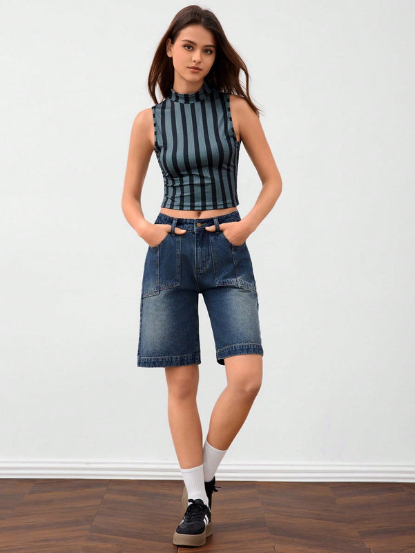 Forever 21 Top sin mangas de punto falso con estampado de rayas tejidas