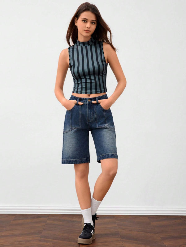 Forever 21 Top sin mangas de punto falso con estampado de rayas tejidas