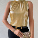 Prive Camiseta sin mangas de moda para mujer con cuello alto medio y color metalico