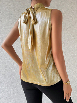 Prive Camiseta sin mangas de moda para mujer con cuello alto medio y color metalico
