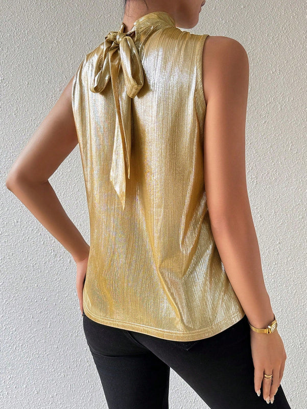 Prive Camiseta sin mangas de moda para mujer con cuello alto medio y color metalico