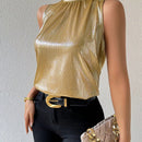 Prive Camiseta sin mangas de moda para mujer con cuello alto medio y color metalico