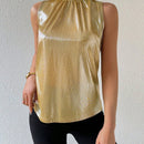 Prive Camiseta sin mangas de moda para mujer con cuello alto medio y color metalico