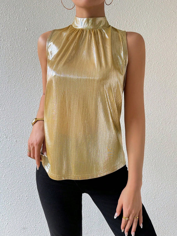 Prive Camiseta sin mangas de moda para mujer con cuello alto medio y color metalico