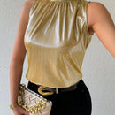 Prive Camiseta sin mangas de moda para mujer con cuello alto medio y color metalico