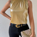 Prive Camiseta sin mangas de moda para mujer con cuello alto medio y color metalico