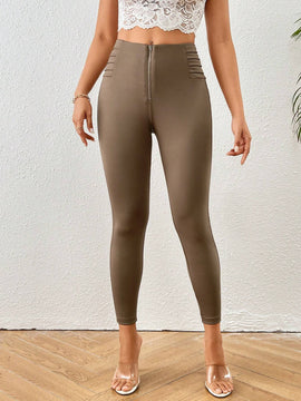 PETITE Pantalones largos simples para mujeres con corte ajustado, cremallera en la bragueta y boton en la cintura