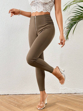 PETITE Pantalones largos simples para mujeres con corte ajustado, cremallera en la bragueta y boton en la cintura