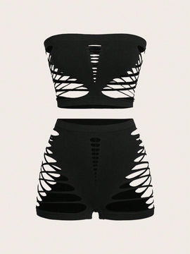 Conjunto De Ropa Interior Femenina Solido De Color Solido Con Diseno De Huecos Sin Tirantes