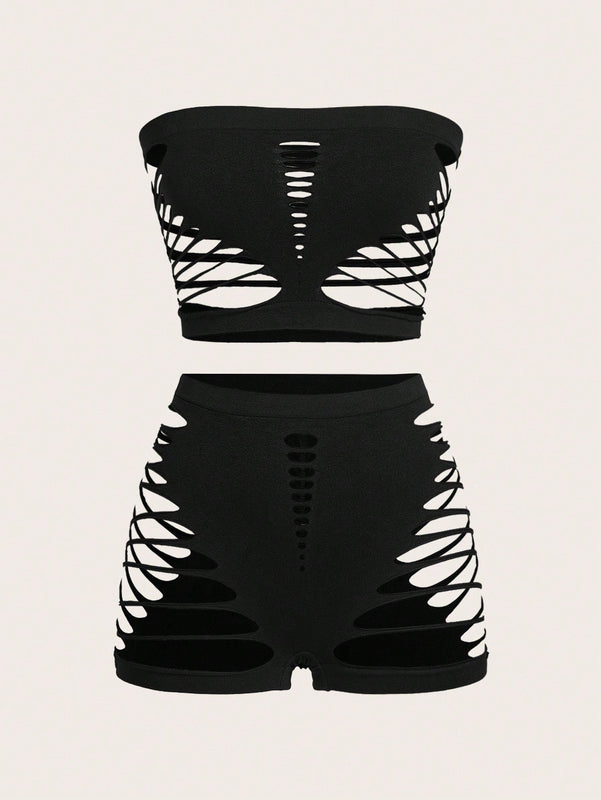 Conjunto De Ropa Interior Femenina Solido De Color Solido Con Diseno De Huecos Sin Tirantes