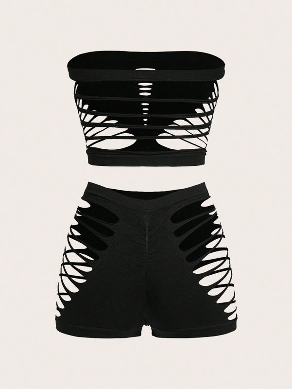 Conjunto De Ropa Interior Femenina Solido De Color Solido Con Diseno De Huecos Sin Tirantes
