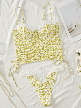 Conjunto De Brasier Y Tanga Con Estampado Floral Y Borde De Encaje Con Aro De Acero, 2 Piezas