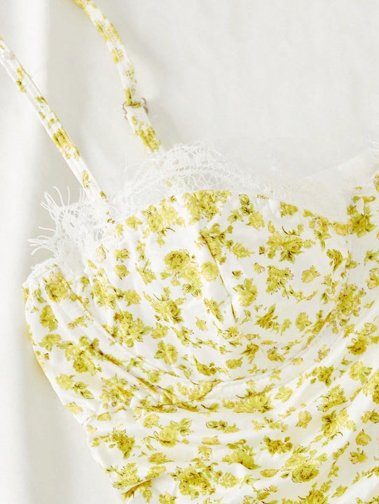 Conjunto De Brasier Y Tanga Con Estampado Floral Y Borde De Encaje Con Aro De Acero, 2 Piezas