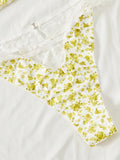 Conjunto De Brasier Y Tanga Con Estampado Floral Y Borde De Encaje Con Aro De Acero, 2 Piezas
