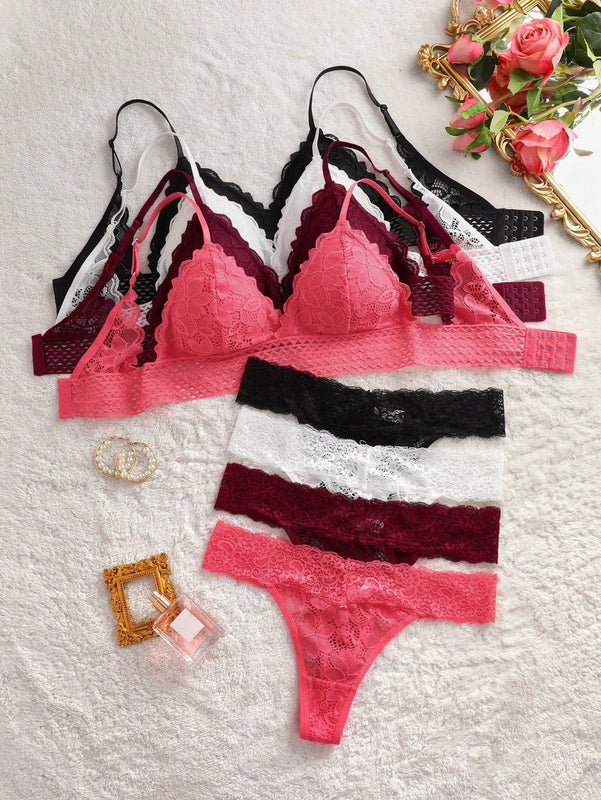 Conjunto de 8 piezas de sosten y Tangas para mujer en unicolor y con encaje y detalle de borde de concha