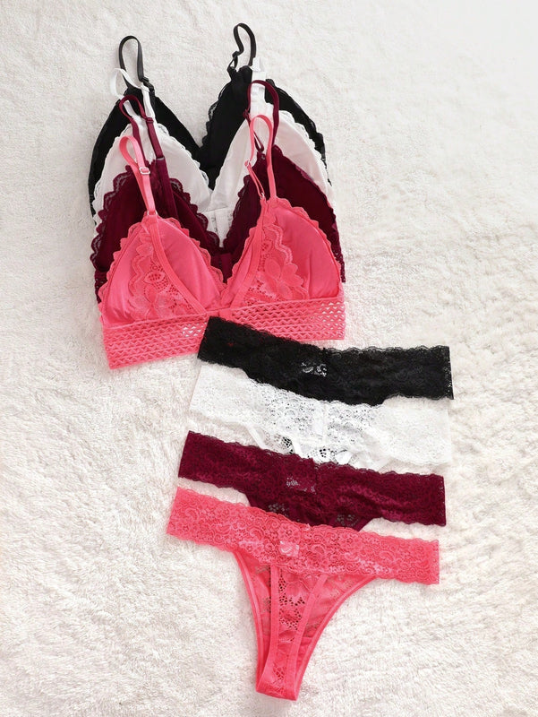 Conjunto de 8 piezas de sosten y Tangas para mujer en unicolor y con encaje y detalle de borde de concha